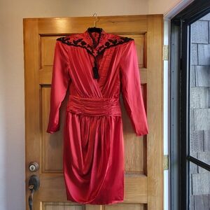 Vintage 1980's Beautiful Silk Red Dress with Exquisite Black Beaded Neckline